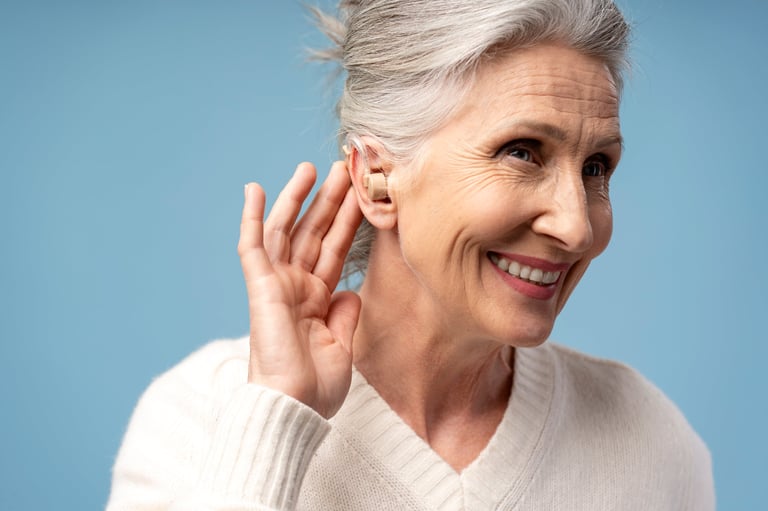 Smiling senior woman with hearing aid indoors