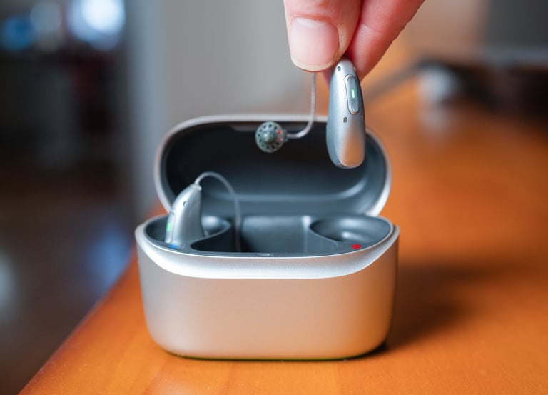 Rechargeable hearing aid in charging case