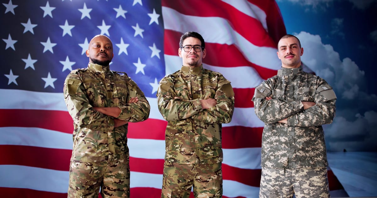 Patriotic Army Veterans Standing in Front of American Flag, Saluting.